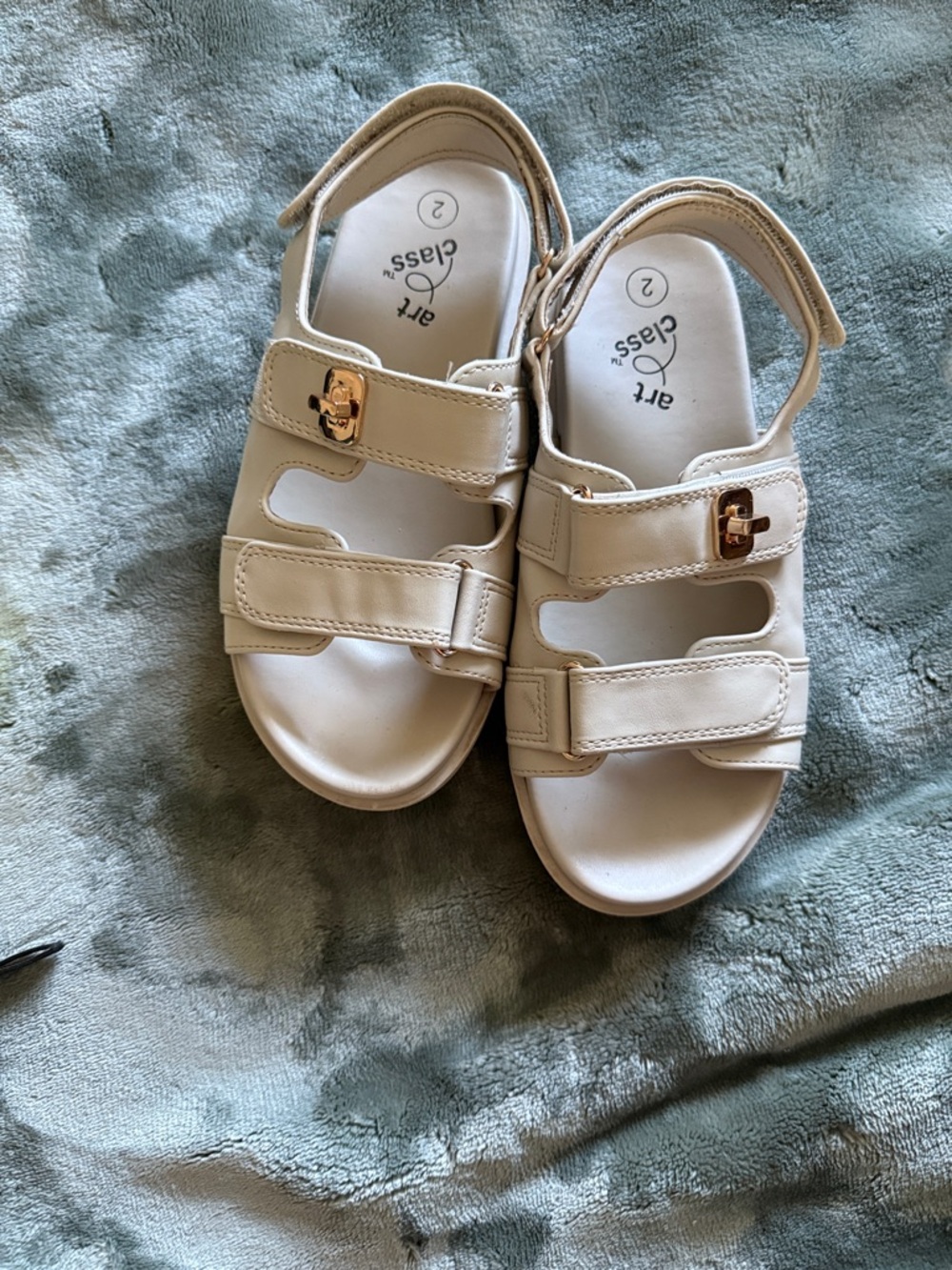 art class Cream Girls' Double-Strap Velcro Sandals with Gold Accent